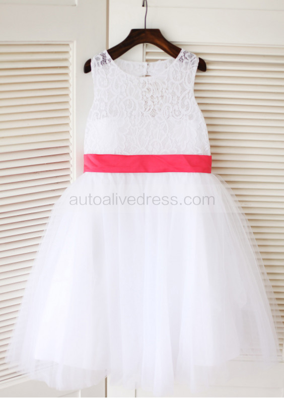 White Lace Tulle Keyhole Back Big Bow Flower Girl Dress